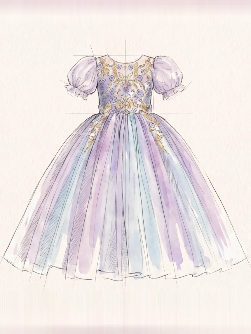 The same girls party frock, watercoloured to show the chosen fabric and trim colours
