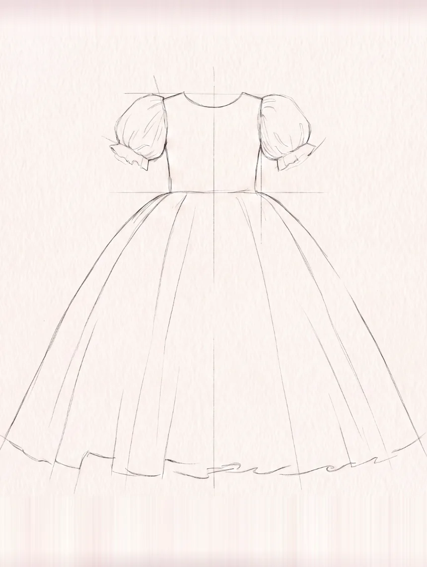 Pencil sketch of a made-to-order party frock for girls, drawn in the Little Princess Designer studio